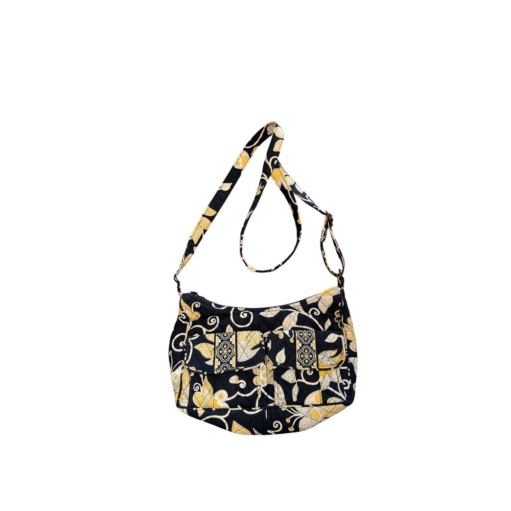 Vera Bradley Yellow Bird Quilted Libby Crossbody Bag Black Yellow Floral